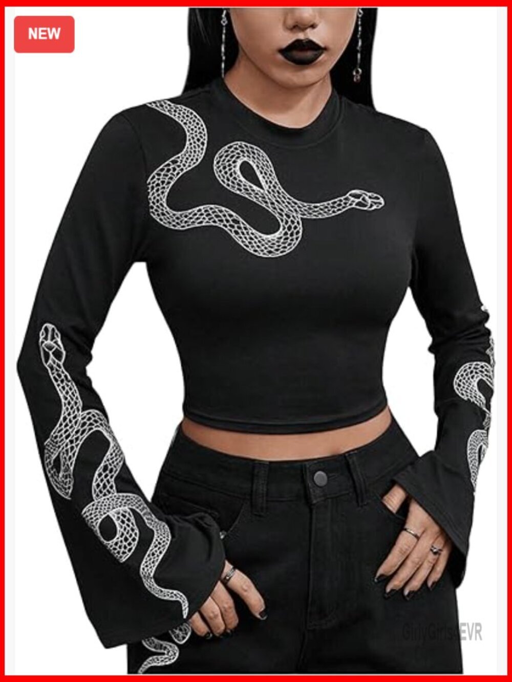 Women's Snake Print Crop Top Long Sleeve Flare Cuff Tee Shirt